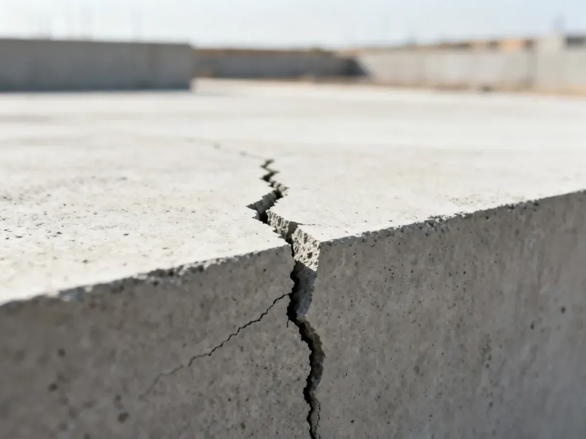 Zbliżenie na szarą, betonową powierzchnię z wyraźnym, postrzępionym pęknięciem biegnącym przez środek.
