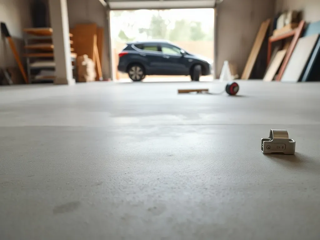 Świeżo wylana, wygładzona wylewka betonowa w garażu z miarką i narzędziami do kontroli grubości podłoża.
