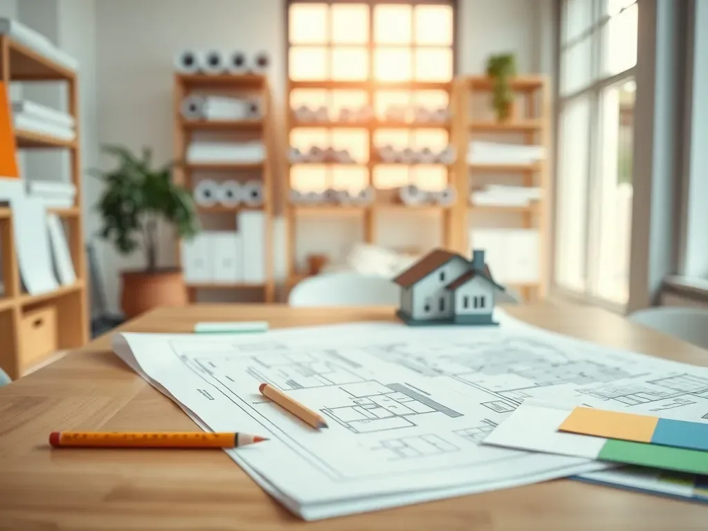 Biurko architekta z planami domu, modelem nowoczesnego domu i próbkami kolorów, przygotowanie indywidualnego projektu domu