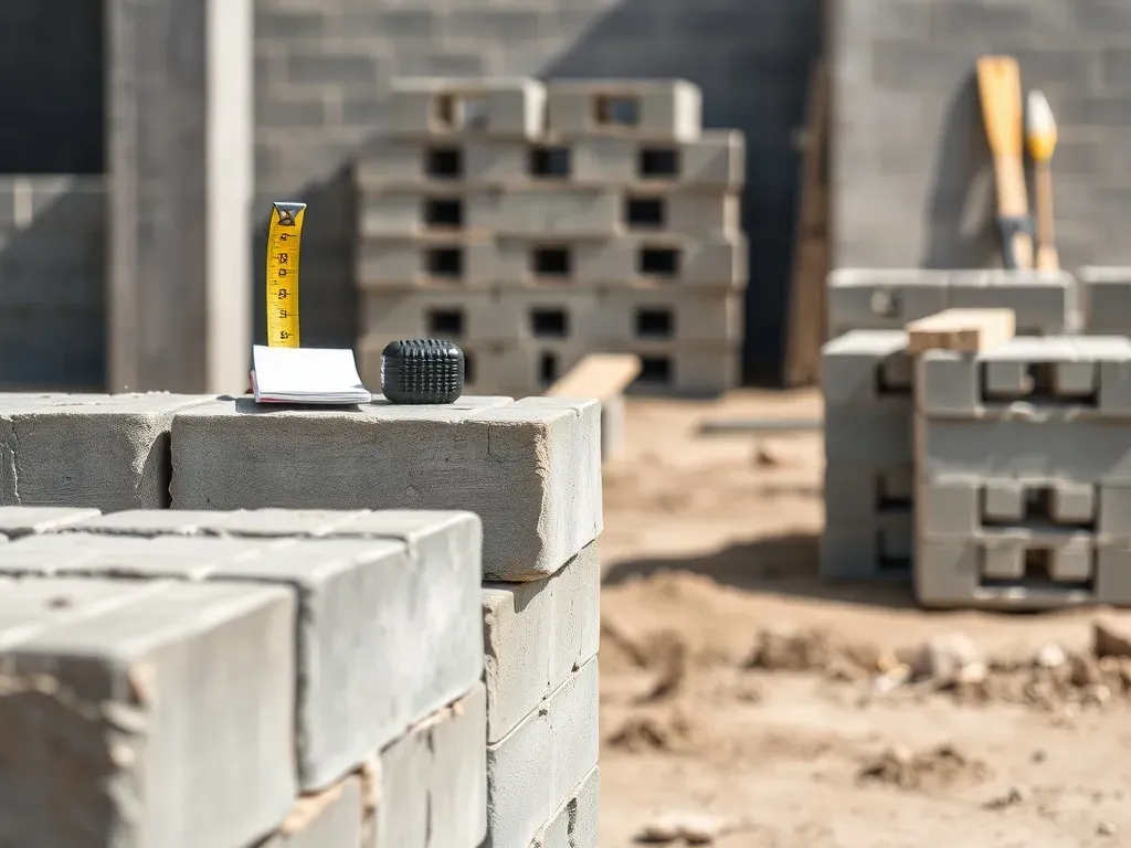 Ściana z bloczków betonowych w trakcie budowy, na wierzchu miarka i notes do obliczania zużycia bloczków na m²