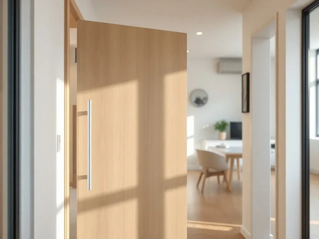 Nowoczesne drzwi wewnętrzne w minimalistycznym korytarzu, pasujące zarówno do mieszkania, jak i eleganckiego biura