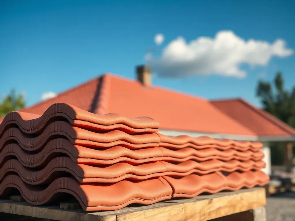 Stos czerwonych dachówek ceramicznych na palecie przed częściowo pokrytym dachem, ilustrujący koszty pokrycia dachu.