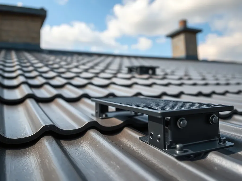 Metalowe stopnie kominiarskie na dachu z blachodachówki, pokazane z detalami montażu i prowadzące w stronę komina.