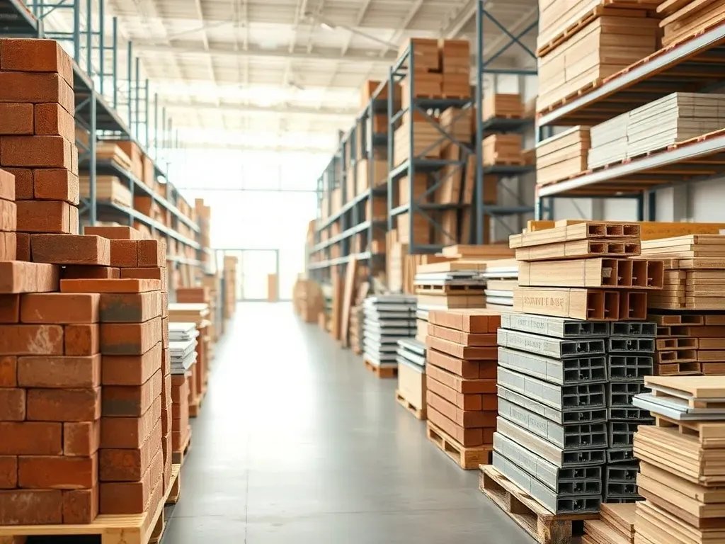 Nowoczesny skład materiałów budowlanych z czytelnie ułożonymi cegłami, deskami i panelami, podkreślający szeroki wybór produktów