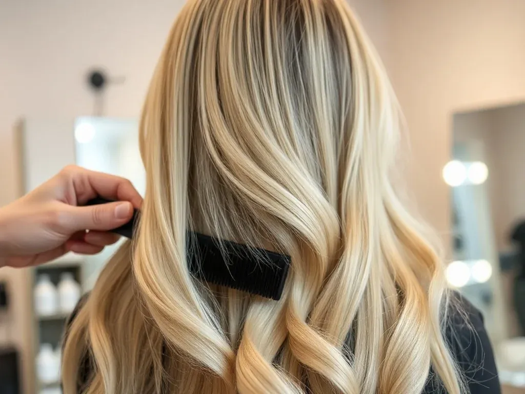 Jasne blond włosy z delikatnymi ciemnymi pasemkami, podkreślającymi efekt lowlights w profesjonalnym salonie fryzjerskim.