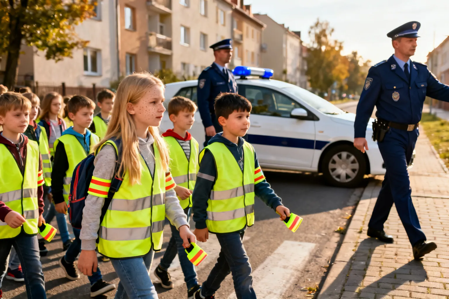 Odblaskowy przemarsz uczniów SP nr 75 z policjantami w Krakowie