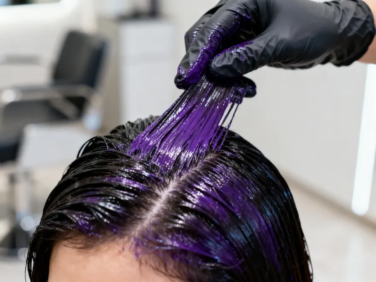 Stylista w rękawiczkach nakłada farbę na pasmo mokrych, ciemnych włosów w profesjonalnym salonie fryzjerskim.