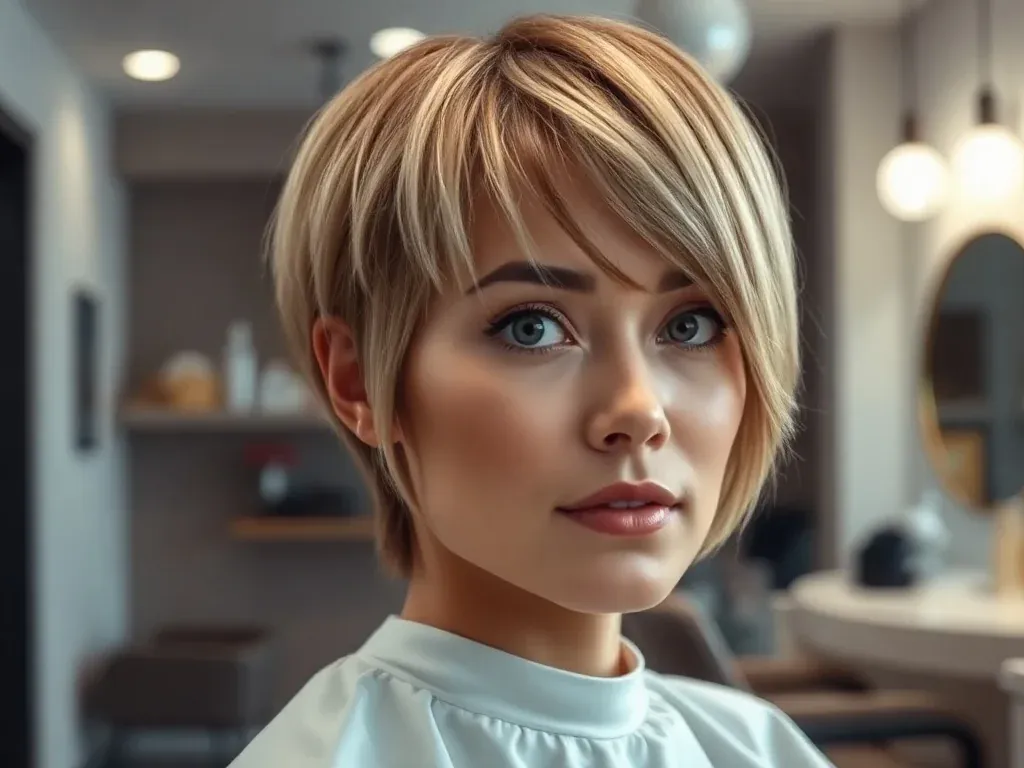 Kobieta z krótkimi włosami z subtelnymi blond i karmelowymi pasemkami, prezentacja modnej koloryzacji w nowoczesnym salonie.