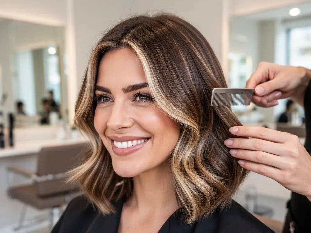 Uśmiechnięta kobieta w salonie fryzjerskim prezentuje świeże, naturalne pasemka blond na średniej długości brązowych włosach.