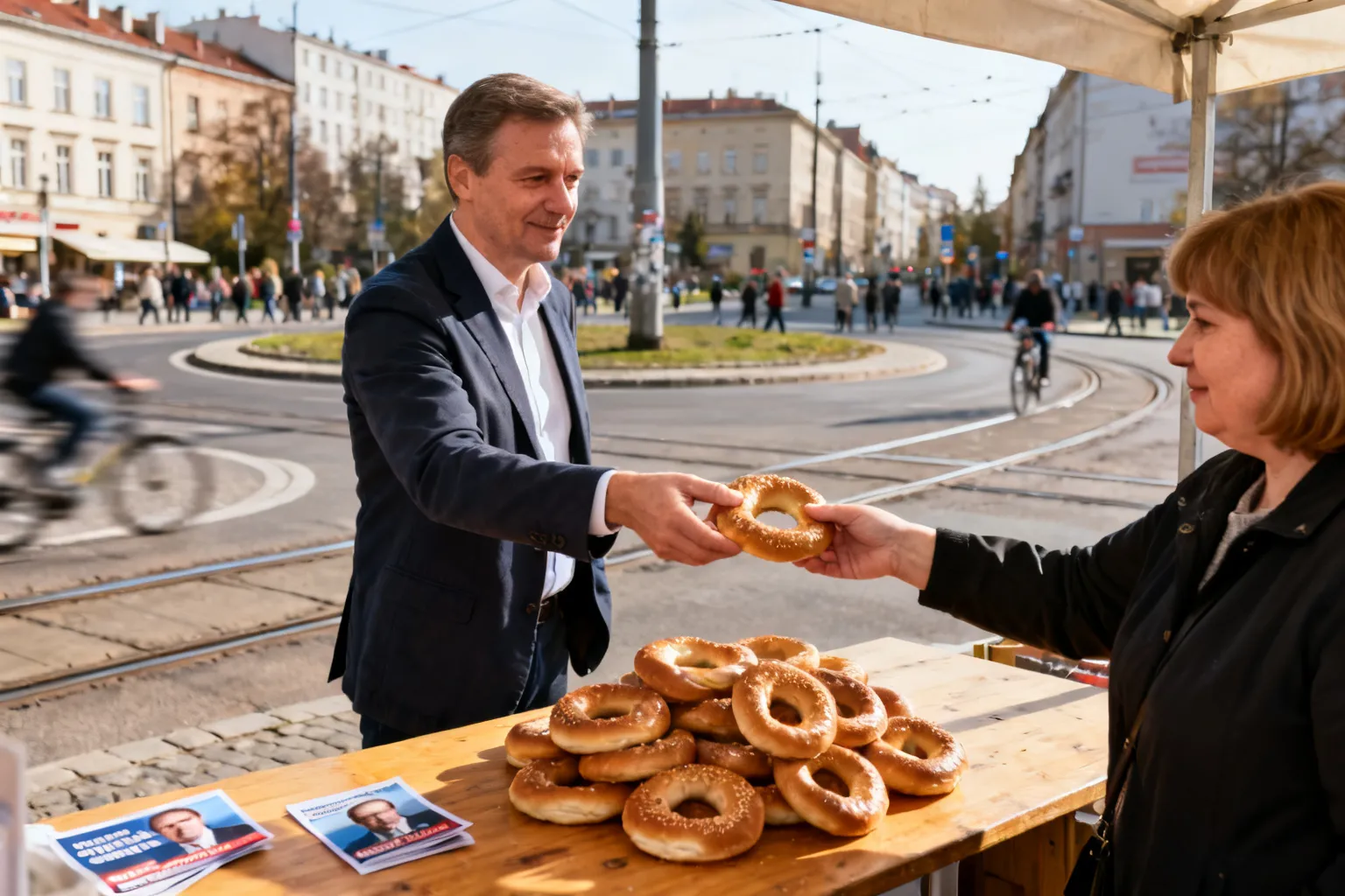 Łukasz Gibała rozdawał obwarzanki na Rondzie Mogilskim i zaapelował o merytoryczną kampanię