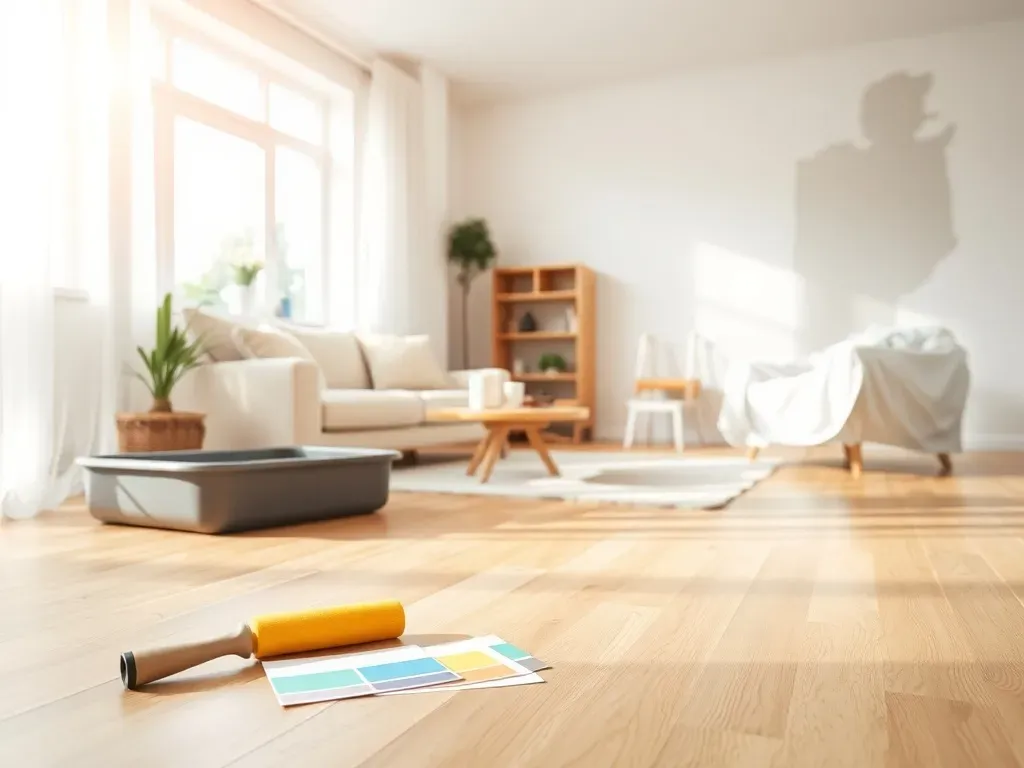 Jasny salon w trakcie remontu, narzędzia malarskie na podłodze, częściowo pomalowana ściana i zabezpieczone meble.