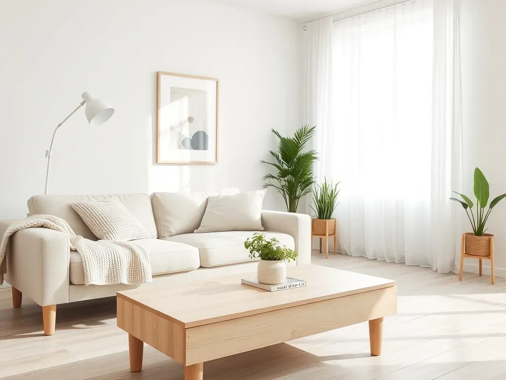Jasny, minimalistyczny salon w stylu skandynawskim z beżową sofą, drewnianym stolikiem i roślinami, tworzący przytulną atmosferę.