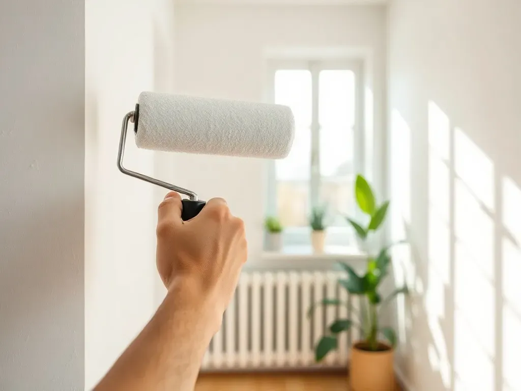 Ręka maluje ścianę białą farbą termoizolacyjną w jasnym, nowoczesnym wnętrzu z kaloryferem i roślinami, podkreślając komfort domu.