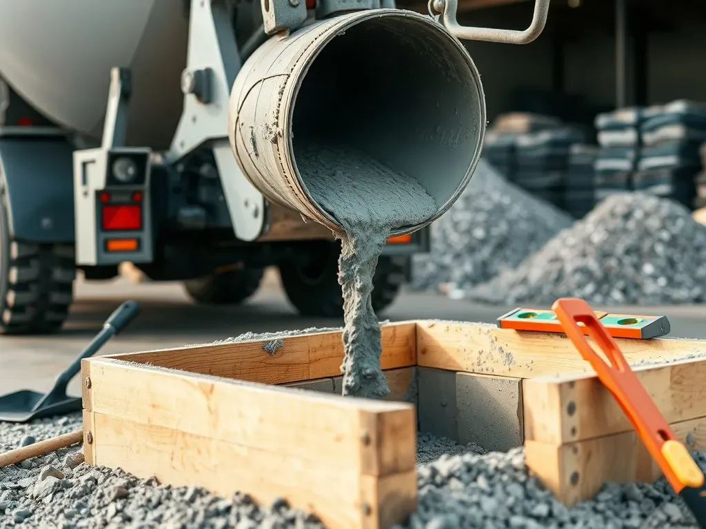 Beton wylewany z gruszki do drewnianego szalunku na budowie, w tle kruszywo i narzędzia budowlane.