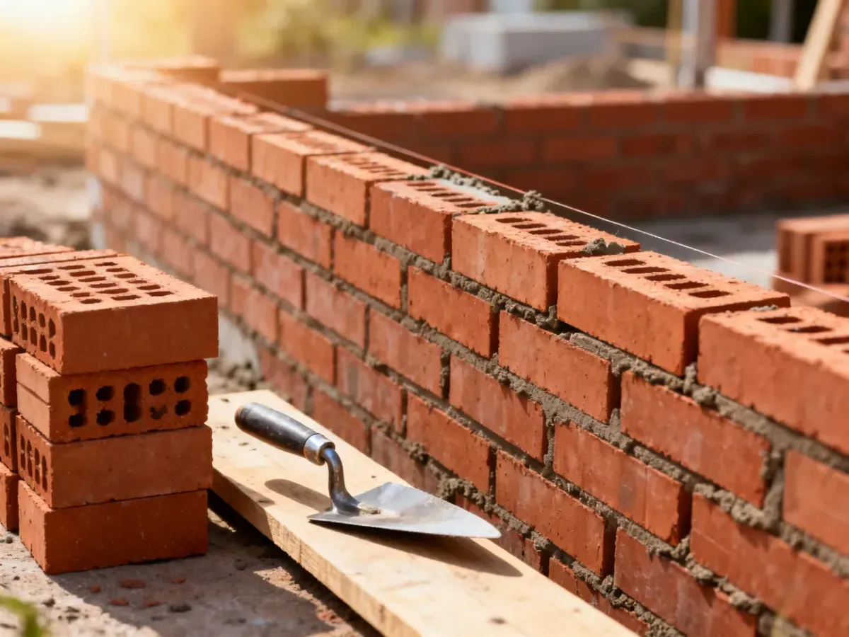 Profesjonalnie wymurowana ściana z cegły z widocznymi spoinami, kielnią i stosem materiałów budowlanych na placu budowy.