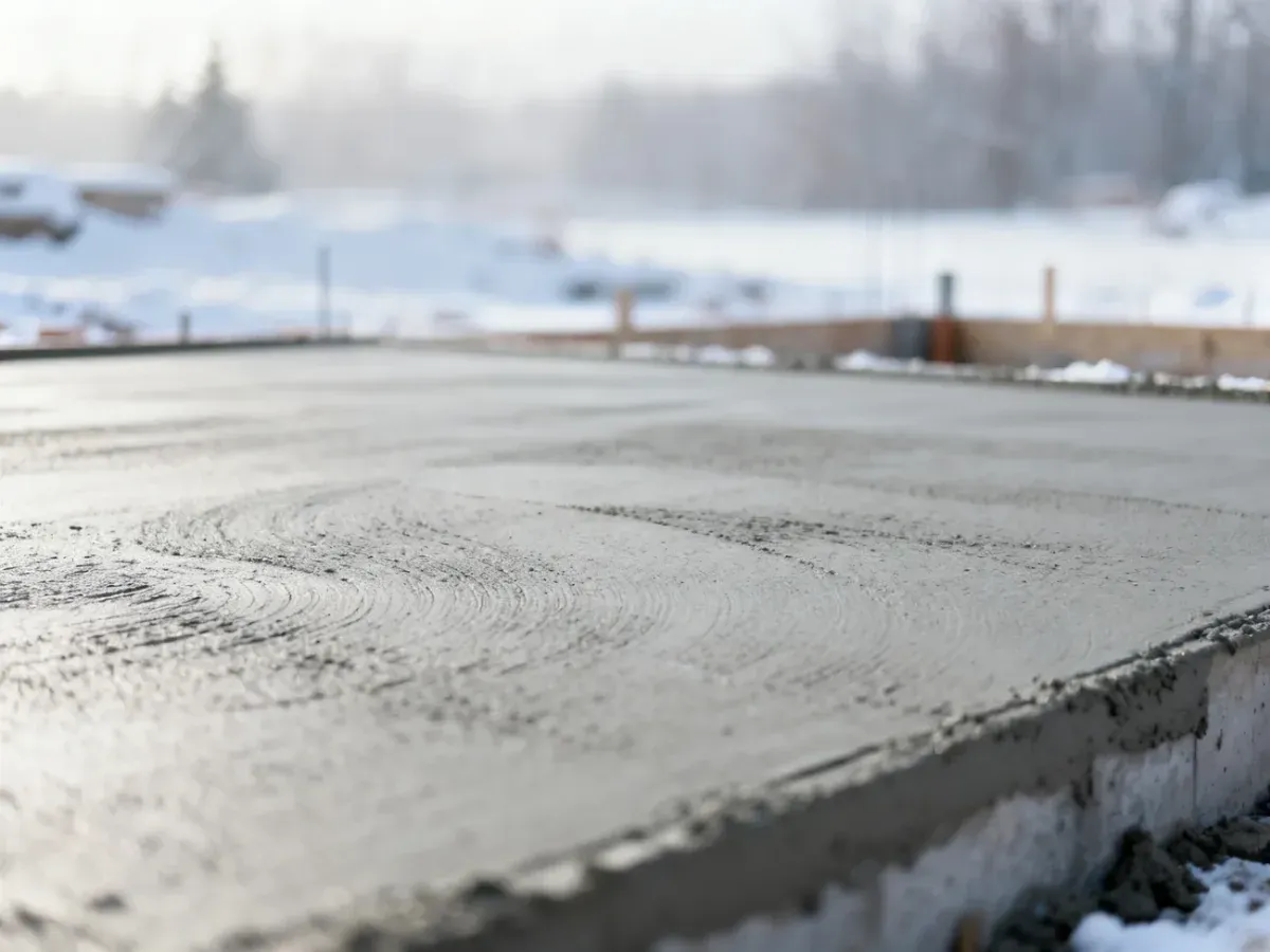 Świeżo wylana, gładka powierzchnia betonu na tle zimowego placu budowy, ilustrująca proces betonowania w niskich temperaturach.