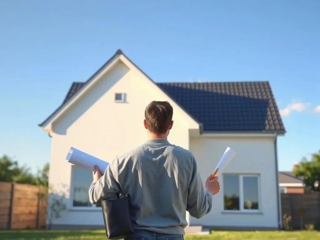 Osoba z planami domu ogląda prosty dom z dachem dwuspadowym, podkreślając projektowanie i wybór pokrycia dachowego.