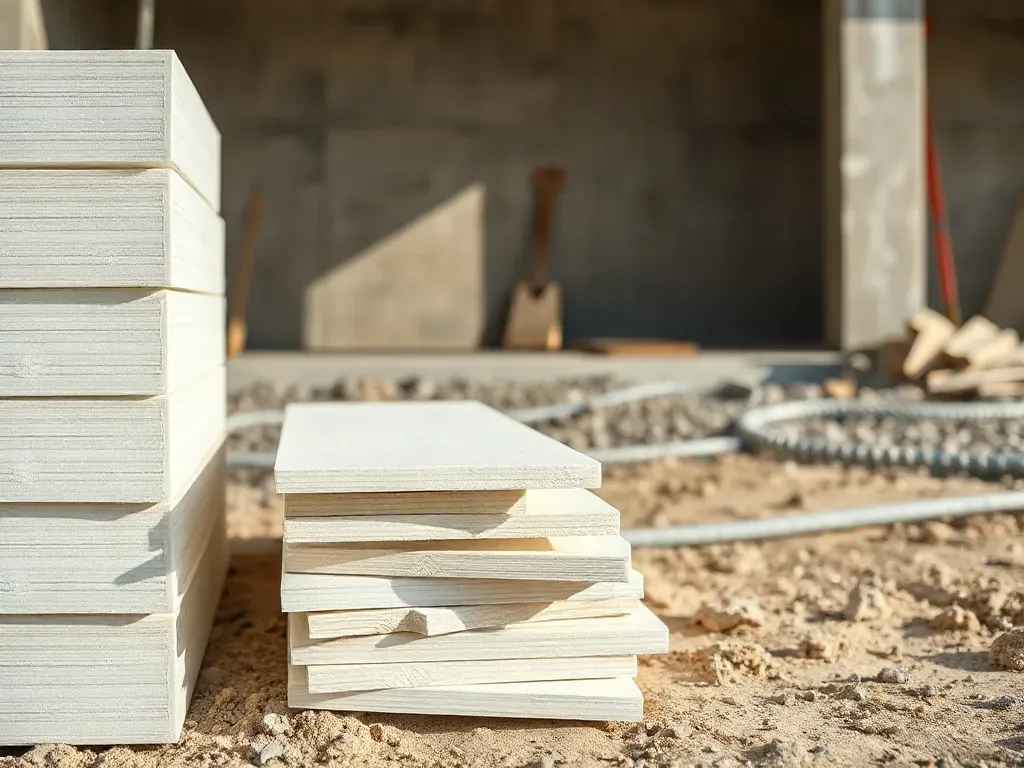 Stos styropianu fundamentowego na budowie, z widoczną grubością płyt na tle wznoszonych ścian fundamentowych.