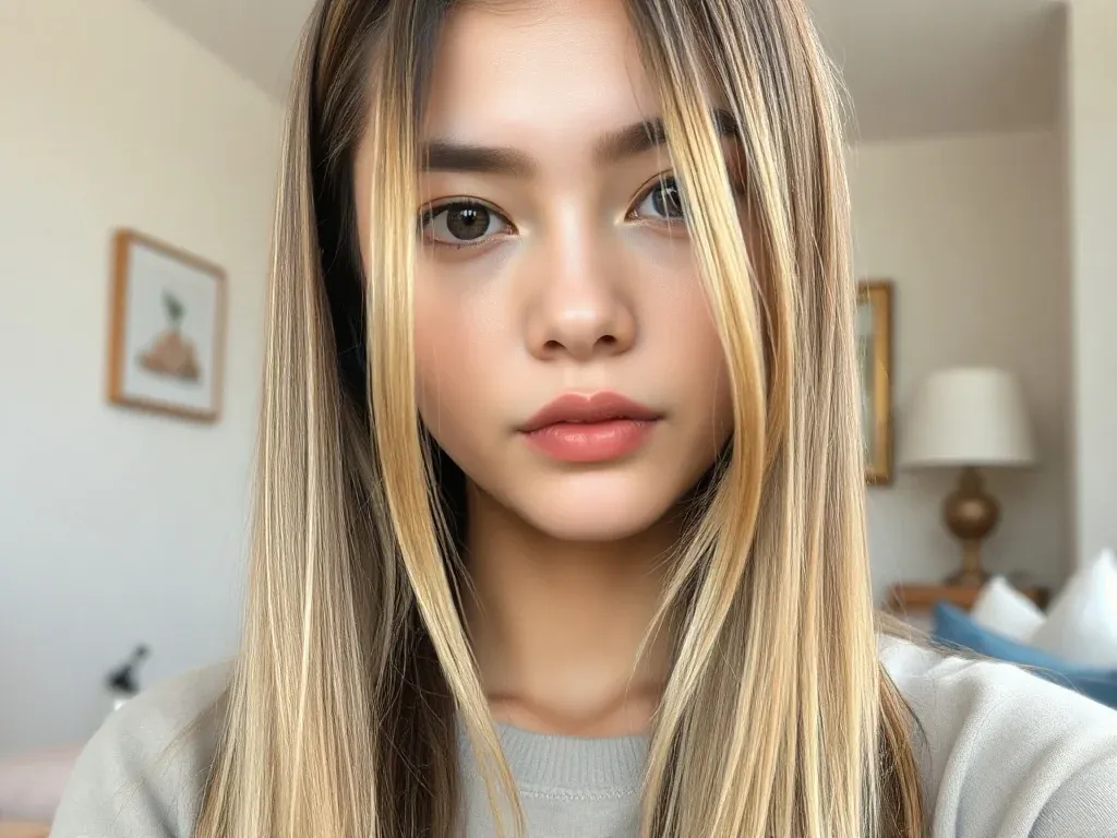 Młoda kobieta z front blond: jasne pasma przy twarzy i ciemniejsze włosy z tyłu, naturalna stylizacja w jasnym wnętrzu