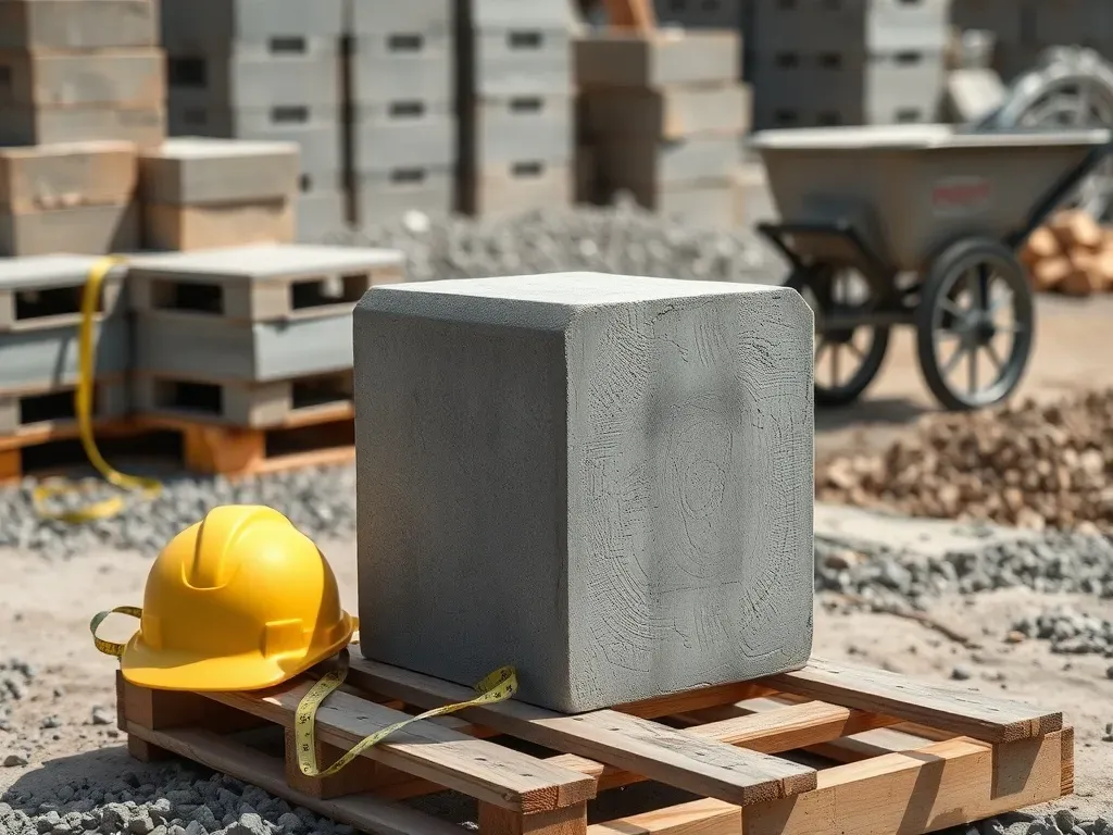 Kostka betonu na palecie obok kasku i miarki, symbolicznie pokazująca wagę kubika betonu na budowie.