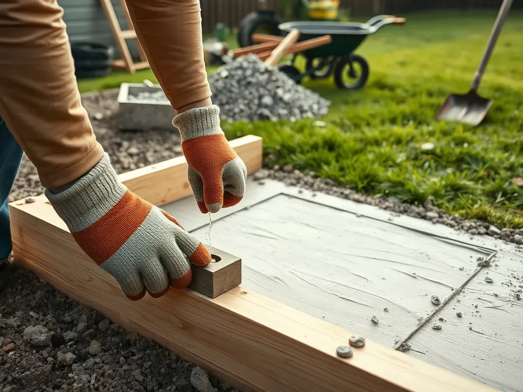 Ręce w rękawicach wyrównują świeży beton w prostym szalunku fundamentu małego domu w ogrodzie.