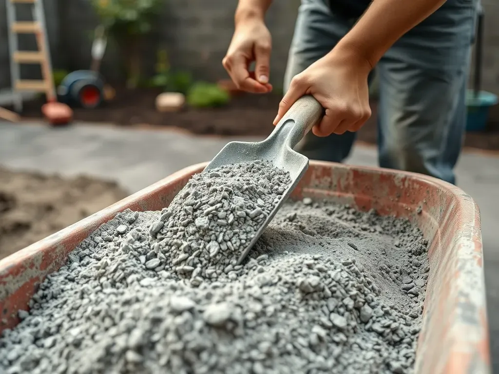 Robotnik miesza suchy beton łopatą w taczce na podwórku, widoczne szare granulki mieszanki i kamyki.
