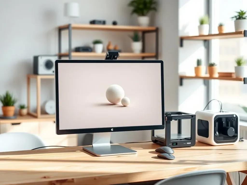 Minimalistyczne biurko z monitorem i prostym modelem 3D obok drukarki 3D, sugerujące gotowe projekty do pobrania i wydruku.