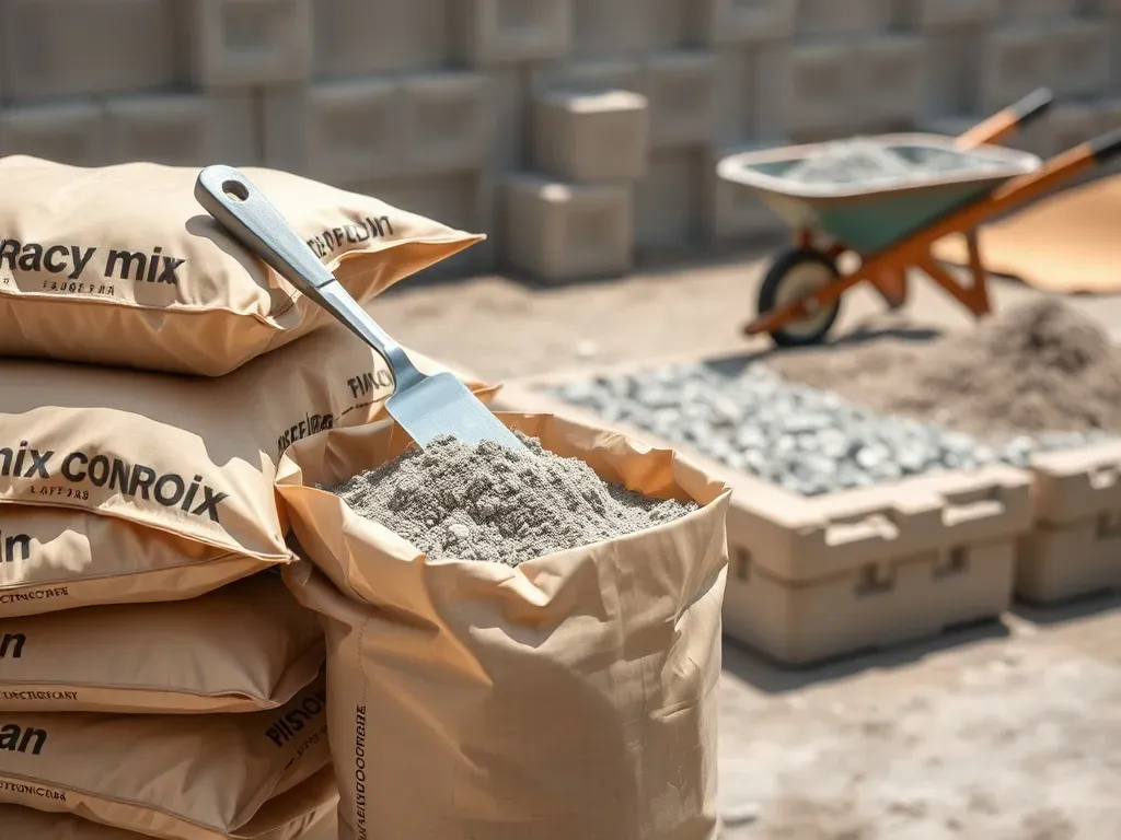 Workowe worki z gotowym betonem i kielnią na tle małej budowy, ilustrujące obliczanie ilości betonu na m³.