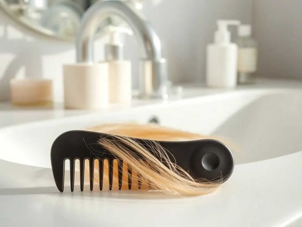 Plastikowy grzebień do pasemek obok blond kosmyka na białym blacie łazienki, w jasnym, minimalistycznym otoczeniu.