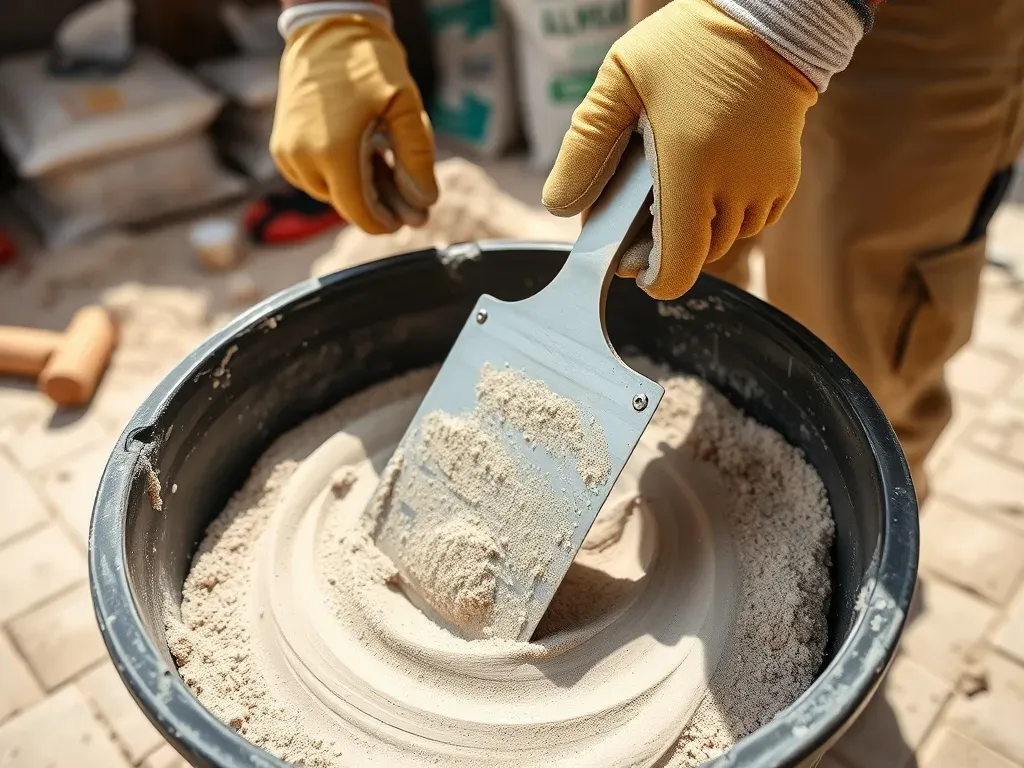 Pracownik miesza cement z piaskiem w kuwecie, pokazując właściwe proporcje zaprawy na prostym placu budowy.