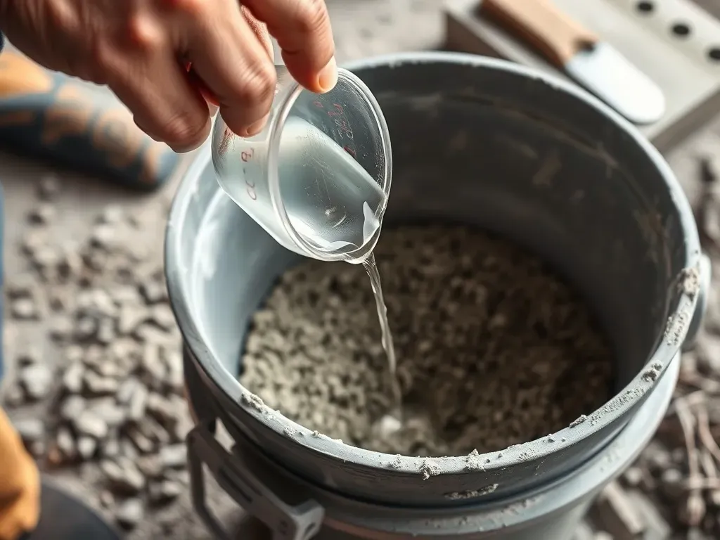 Ręka pracownika wlewa płyn do wiadra z mieszanką betonową, ilustrując dodawanie szkła wodnego do betonu.