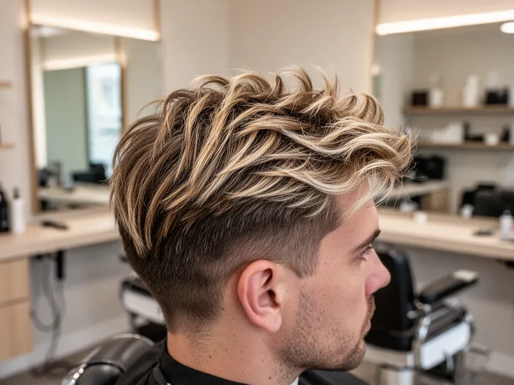 Mężczyzna w nowoczesnym salonie fryzjerskim prezentuje świeże, naturalne pasemka w jasnobrązowych i blond odcieniach.