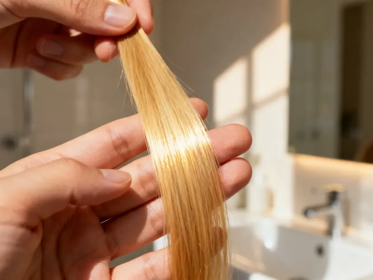 Zbliżenie na zdrowy, lśniący pasmo włosów blond, podkreślające ich gładką strukturę i blask po profesjonalnej pielęgnacji.