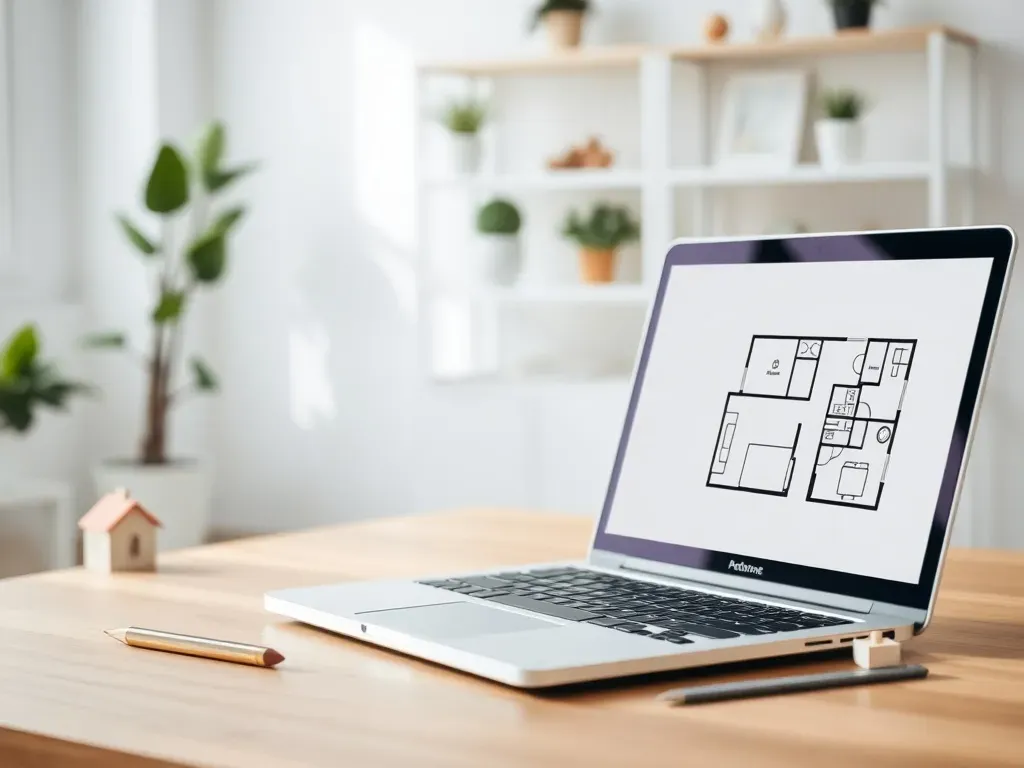 Laptop z wyświetlonym prostym rzutem mieszkania na biurku obok linijki i modelu domu, symbolizujący program do planów wnętrz.
