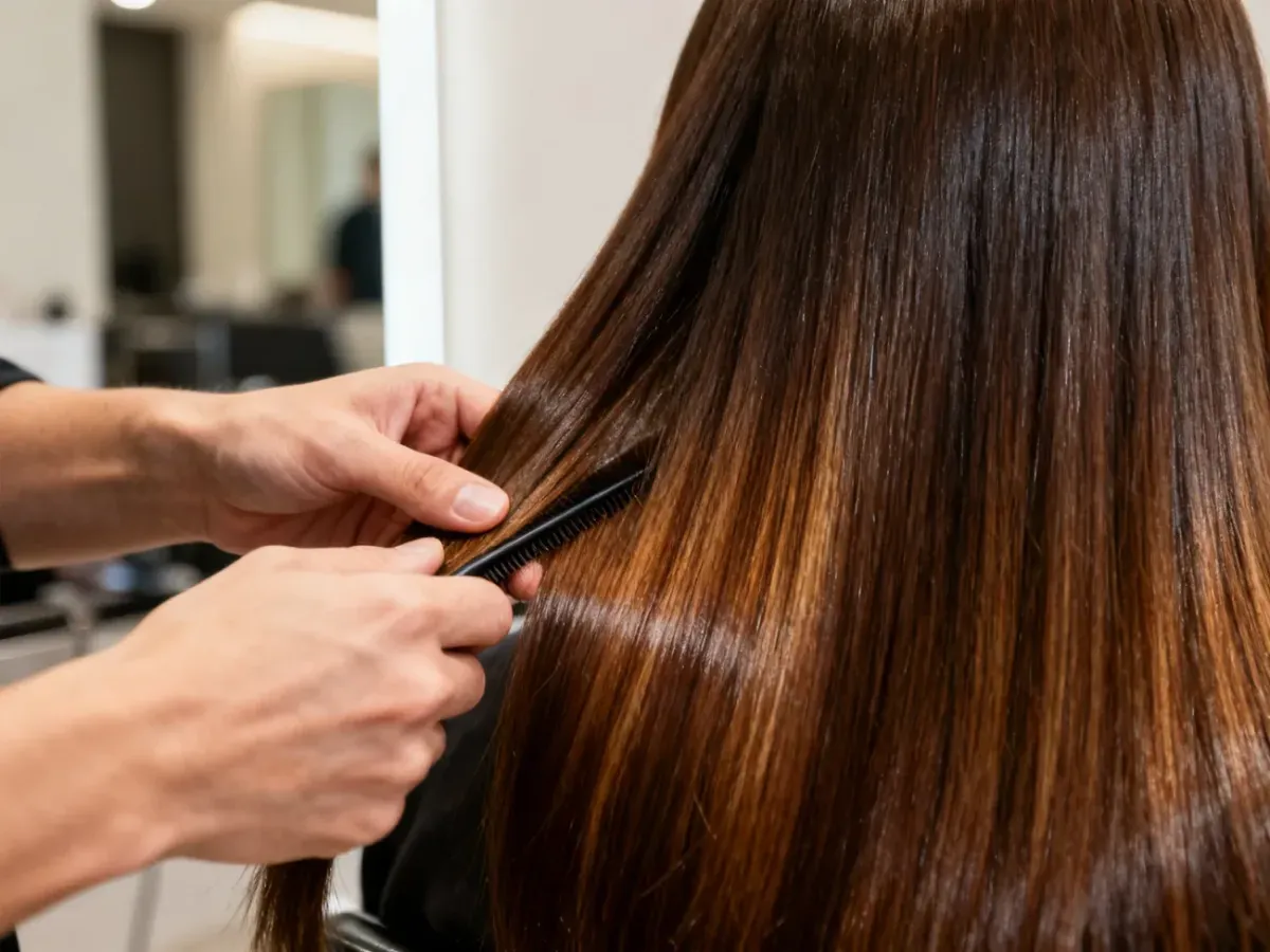 Stylista przeczesuje pasmo lśniących włosów o wielotonowym, brązowym odcieniu, prezentując efekt poprawnej koloryzacji.
