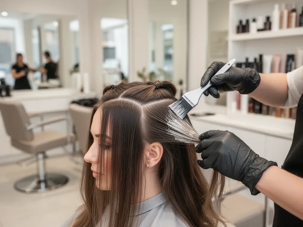 Fryzjer w rękawiczkach nakłada farbę na pasmo włosów klientki w nowoczesnym, profesjonalnym salonie.
