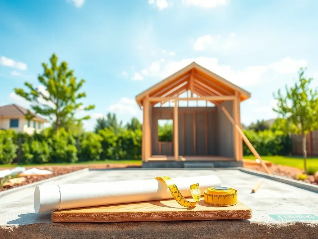 Mały nowoczesny dom 70 m² w trakcie budowy, projekt i narzędzia na pierwszym planie, w tle ogród w spokojnej okolicy